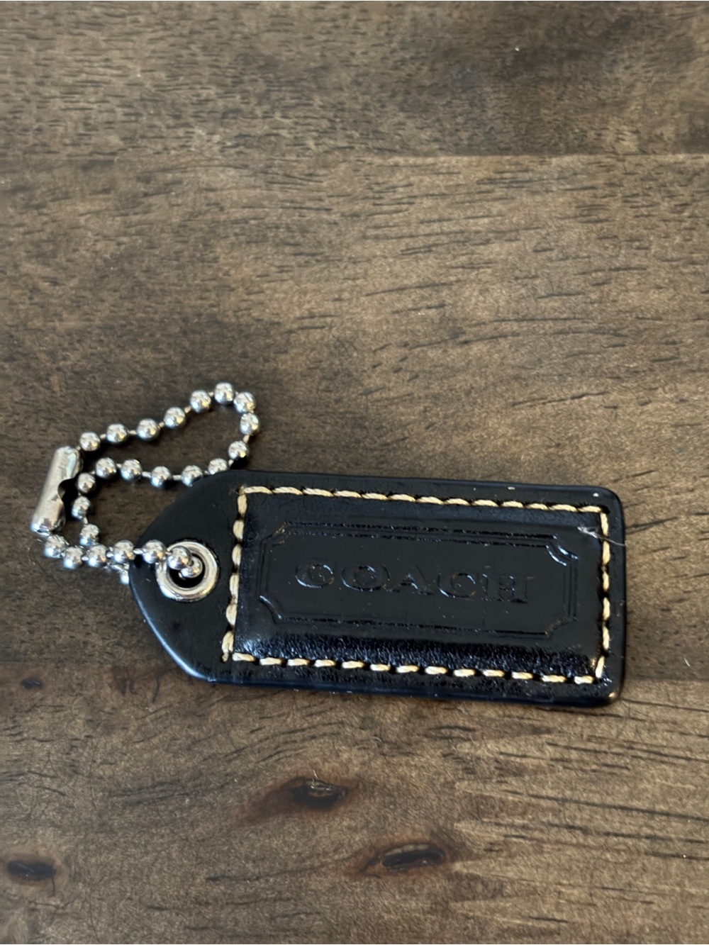 Coach Black Leather Key & Card Holder Tag with Silver Chain